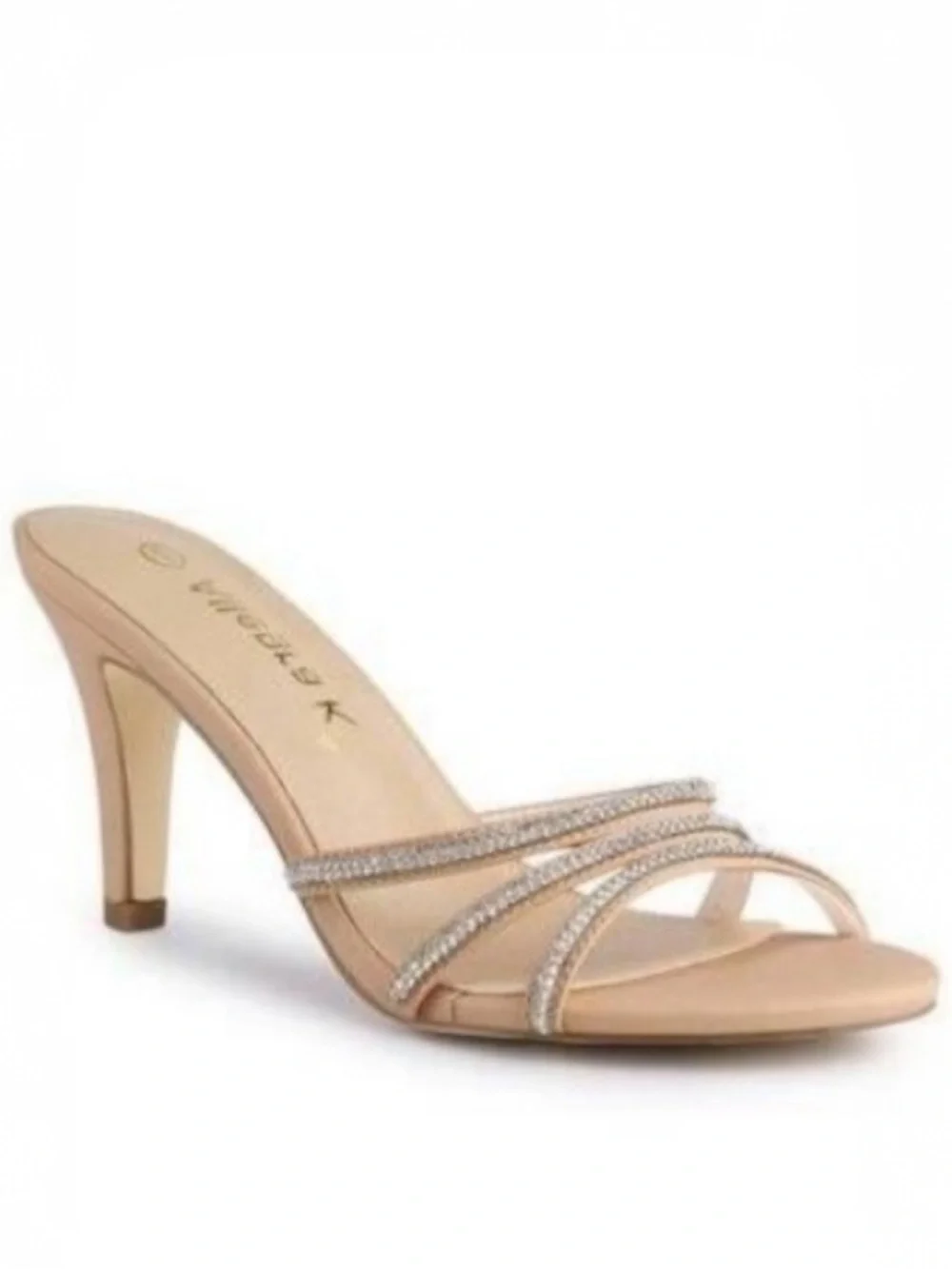 Sexy Beige Rhinestone Slide Sandals Dress Heel Sparkling Crystal Classic Strappy